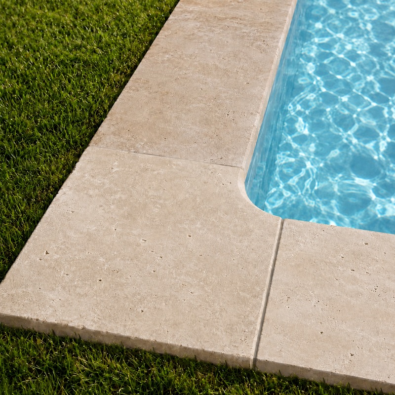 Margelle angle rentrant travertin TOSCANIA 3x45x45cm bord arrondi