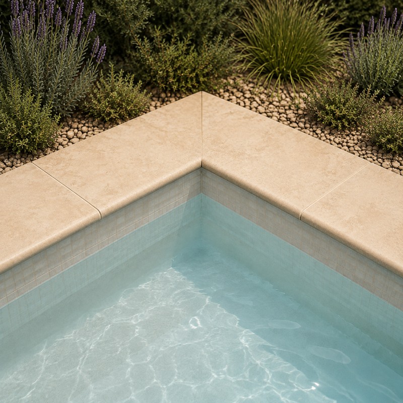 Margelle angle travertin piscine