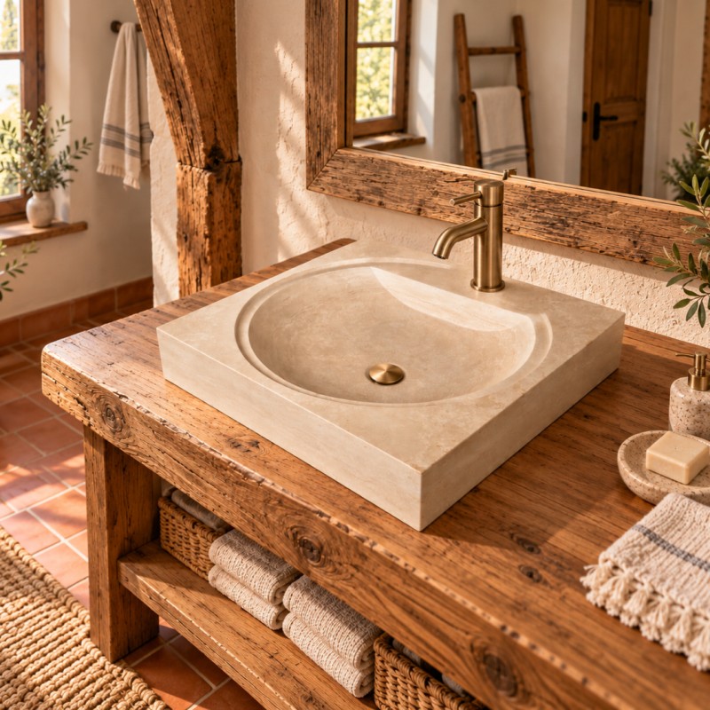 Vasque en travertin beige carrée prépercée VERONA