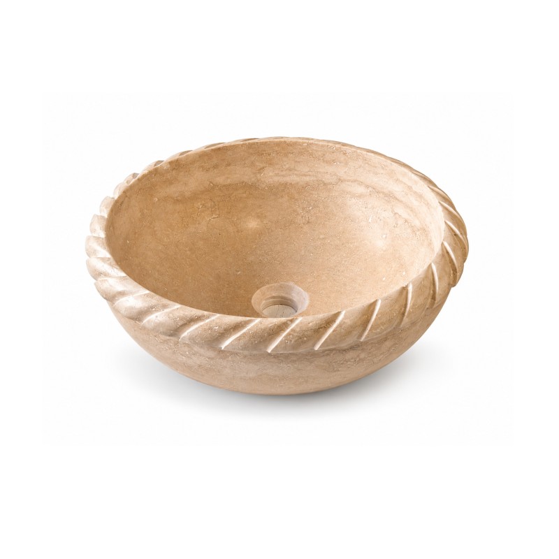 Vasque ronde en travertin beige torsadée